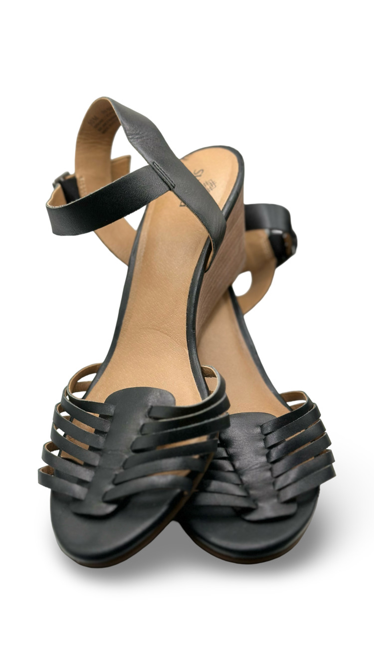 Susina Terra Black Leather Caged Wedge Sandals